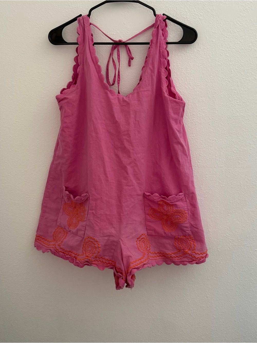 Pink Scallop-Trim Sleeveless Romper with Embroidered Pockets